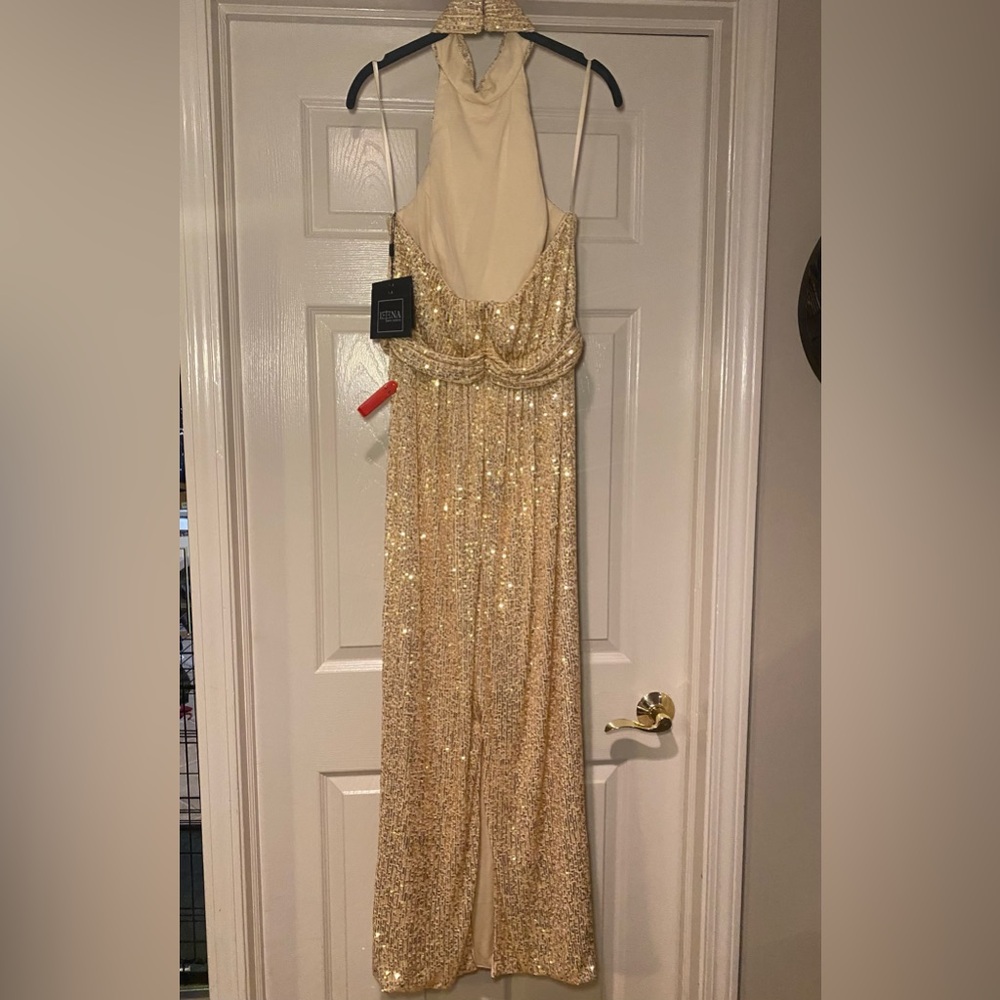 NWT Ieena for‎ Mac Duggal Sequined Halter Neck Belted Soft Tie Dress - Picture 4 of 9